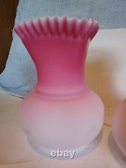 2 Victorian Peach Blow Satin Cased Glass Vases Square Ruffled Top