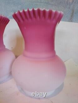 2 Victorian Peach Blow Satin Cased Glass Vases Square Ruffled Top