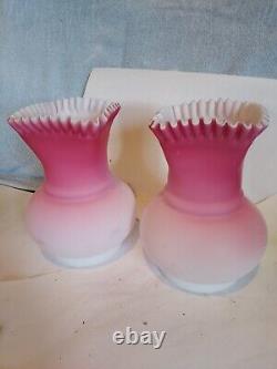 2 Victorian Peach Blow Satin Cased Glass Vases Square Ruffled Top