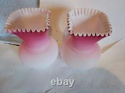 2 Victorian Peach Blow Satin Cased Glass Vases Square Ruffled Top