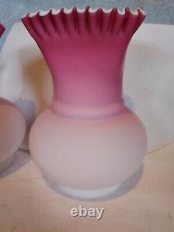 2 Victorian Peach Blow Satin Cased Glass Vases Square Ruffled Top