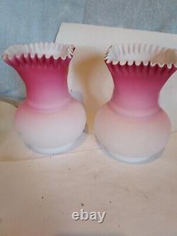 2 Victorian Peach Blow Satin Cased Glass Vases Square Ruffled Top