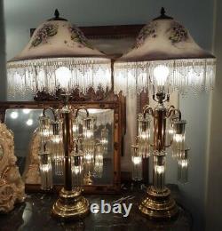 2 Vintage Brass Lamps Art Deco Revival Victorian style glass lampshades