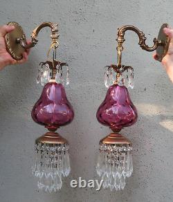 2 Vintage Fenton Victorian Cranberry art Glass Bronze Brass Sconces lamp crystal