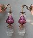 2 Vintage Fenton Victorian Cranberry Art Glass Bronze Brass Sconces Lamp Crystal