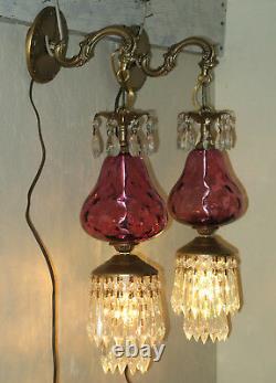 2 Vintage Fenton Victorian Cranberry art Glass Bronze Brass Sconces lamp crystal