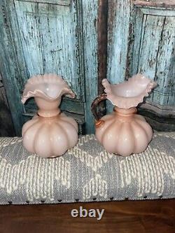 2 Vintage Ruffled Top Dusty Rose Pink Overlay Melon Milk Glass Pitcher Vase 7.5