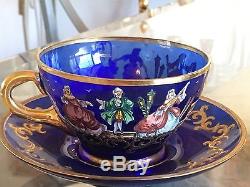 2 Vtg Murano Cobalt Blue Glass Teacups/saucers Painted Victorian Figures Italy