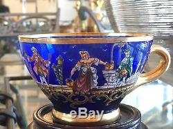 2 Vtg Murano Cobalt Blue Glass Teacups/saucers Painted Victorian Figures Italy
