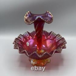2004 FENTON Ruby Red Carnival Glass Stretch SINGLE HORN EPERGNE Numbered Signed