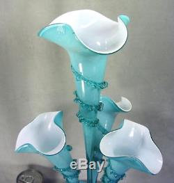 21 Antique Victorian Blue White Cased Art Glass Epergne Centerpiece 4 Vase EX