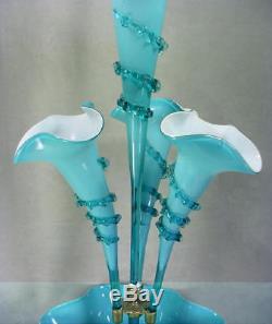 21 Antique Victorian Blue White Cased Art Glass Epergne Centerpiece 4 Vase EX