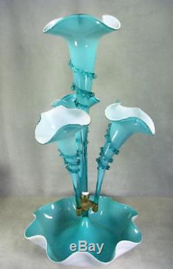 21 Antique Victorian Blue White Cased Art Glass Epergne Centerpiece 4 Vase EX
