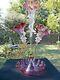 23 Victorian Antique Epergne Cranberry Art Glass 3 Flutes With Crystal Ruffles