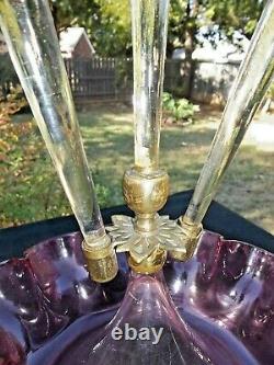 23 VICTORIAN ANTIQUE EPERGNE CRANBERRY ART GLASS 3 FLUTES With CRYSTAL RUFFLES