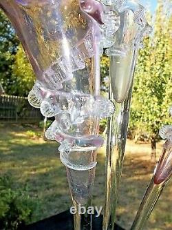 23 VICTORIAN ANTIQUE EPERGNE CRANBERRY ART GLASS 3 FLUTES With CRYSTAL RUFFLES