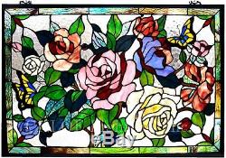 27 x 19 Victorian Rose Garden Tiffany Style Stained Glass Window Panel w Chain