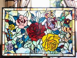 27 x 27 Victorian Rose Garden Tiffany Style Stained Glass Window Panel w Chain