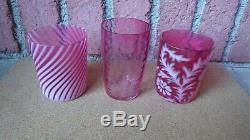 3 Antique Victorian Fenton Cranberry Glass Tumblers Swirl Daisy & Fern Drapery