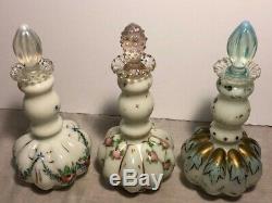 3 FENTON Hand-Blown Hand-Painted Cologne Perfume Bottles Opaline Opalescent