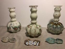 3 FENTON Hand-Blown Hand-Painted Cologne Perfume Bottles Opaline Opalescent