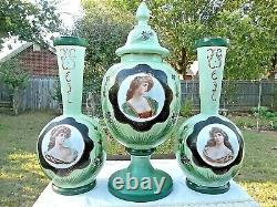 3 Pc Antique Bristol Glass Portrait Center Vases Garniture Set Antique Rare