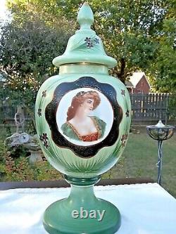 3 Pc Antique Bristol Glass Portrait Center Vases Garniture Set Antique Rare