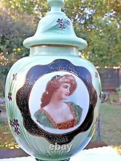 3 Pc Antique Bristol Glass Portrait Center Vases Garniture Set Antique Rare