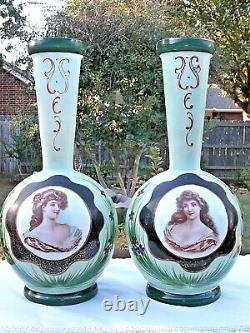 3 Pc Antique Bristol Glass Portrait Center Vases Garniture Set Antique Rare