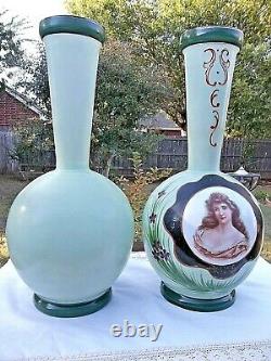 3 Pc Antique Bristol Glass Portrait Center Vases Garniture Set Antique Rare