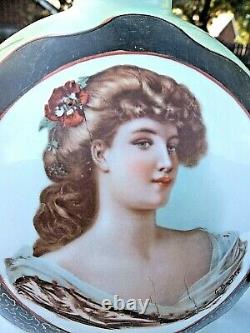 3 Pc Antique Bristol Glass Portrait Center Vases Garniture Set Antique Rare