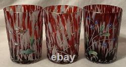 3 Victorian Harrach / Phoenix Art Glass 3.75 Enameled Spatter Glass Tumblers