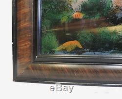 33 X 19 Antique Reverse Glass Painting Art Sweet Well Victorian Tiger Eye Wood