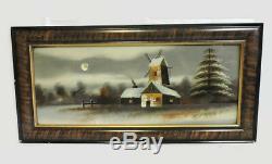 35 X 18 Antique Reverse Glass Painting Art Windmill Victorian Tiger Eye Wood