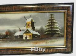 35 X 18 Antique Reverse Glass Painting Art Windmill Victorian Tiger Eye Wood