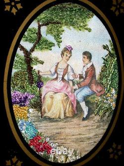 3D Oil Victorian Courtship Painting Under Oval Black Painted Glass & Wood Framed
