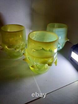 4 Signed Vaseline Opalescent hand blown Art Glass Vase GOBLETS