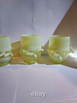 4 Signed Vaseline Opalescent hand blown Art Glass Vase GOBLETS