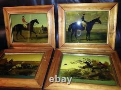 4 beautiful victorian framed antique reverse glass paintings of hunt Horses