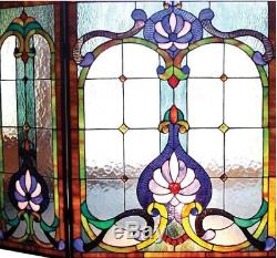 44 W Royal Victorian Style Stained Glass 3 PC Fireplace Screen Decor