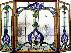 44 W Royal Victorian Style Stained Glass 3 PC Fireplace Screen Decor