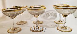 6 Antique Bohemian Moser Etched Monogrammed C Champagne Goblets Grape Gold Rims