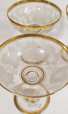 6 Antique Bohemian Moser Etched Monogrammed C Champagne Goblets Grape Gold Rims