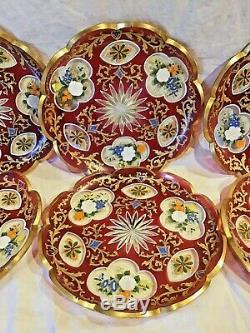 6 Bohemian Glass Enamel Decorated Cabinet Plates 7 3/4 Scalloped Rim