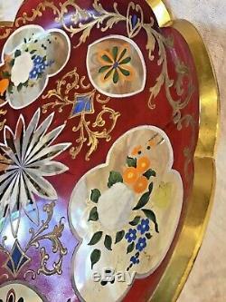 6 Bohemian Glass Enamel Decorated Cabinet Plates 7 3/4 Scalloped Rim