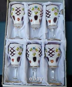 (6) Moser BOHEMIAN ART GLASS CORDIALS White Overlay Cranberry HAND PAINTED NICE