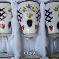 (6) Moser BOHEMIAN ART GLASS CORDIALS White Overlay Cranberry HAND PAINTED NICE