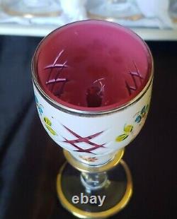 (6) Moser BOHEMIAN ART GLASS CORDIALS White Overlay Cranberry HAND PAINTED NICE