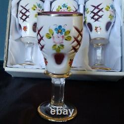 (6) Moser BOHEMIAN ART GLASS CORDIALS White Overlay Cranberry HAND PAINTED NICE