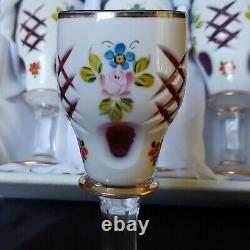 (6) Moser BOHEMIAN ART GLASS CORDIALS White Overlay Cranberry HAND PAINTED NICE